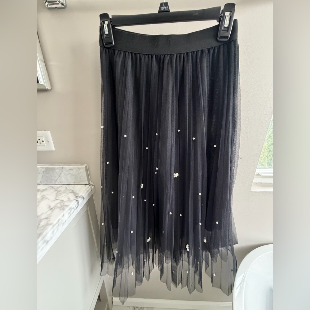 Elegant Black Tulle Midi Skirt with Pearl Embellishments